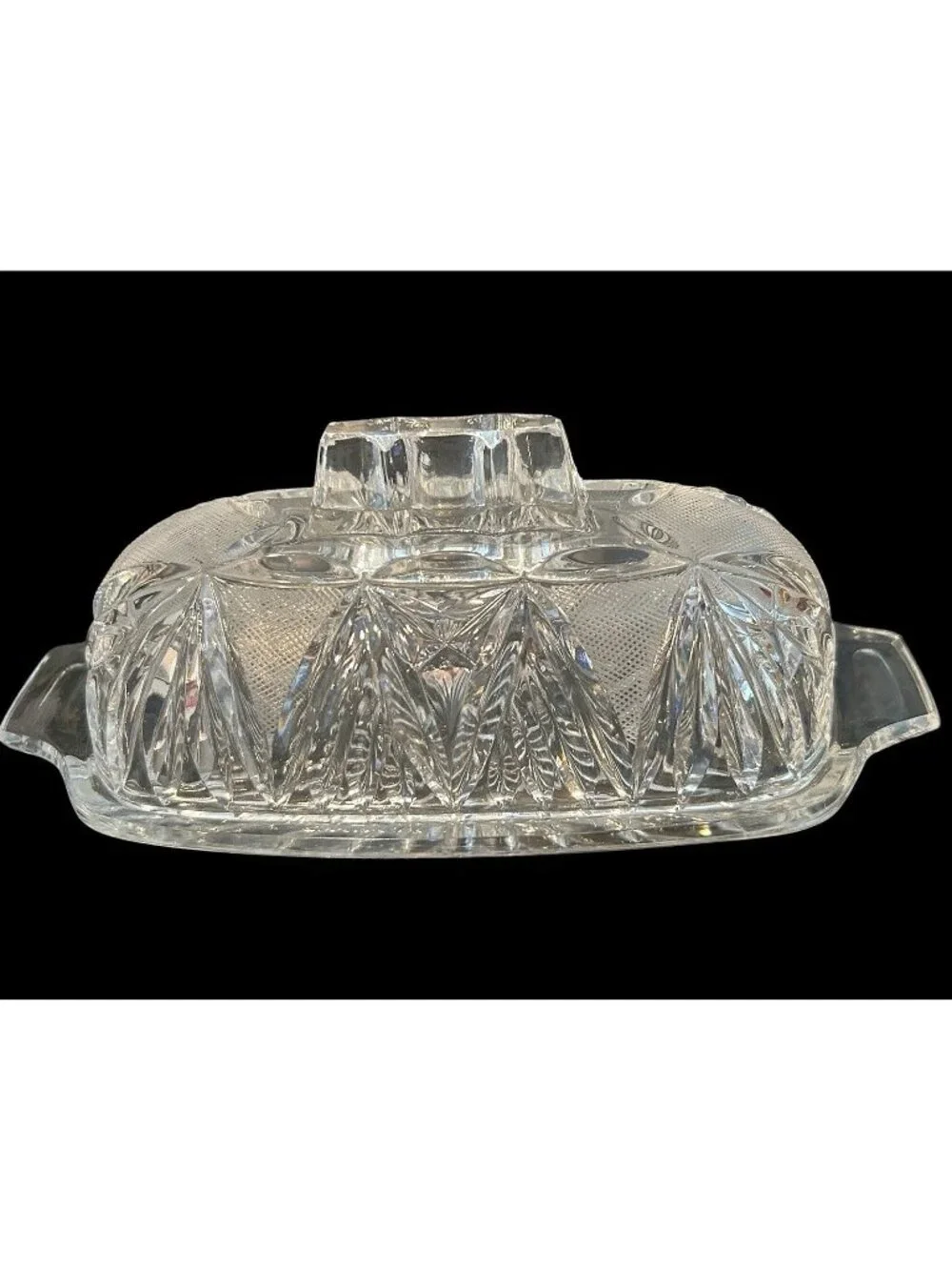 Vintage Cut Crystal Covered Butter Dish Handled Fan Diamond Star Design